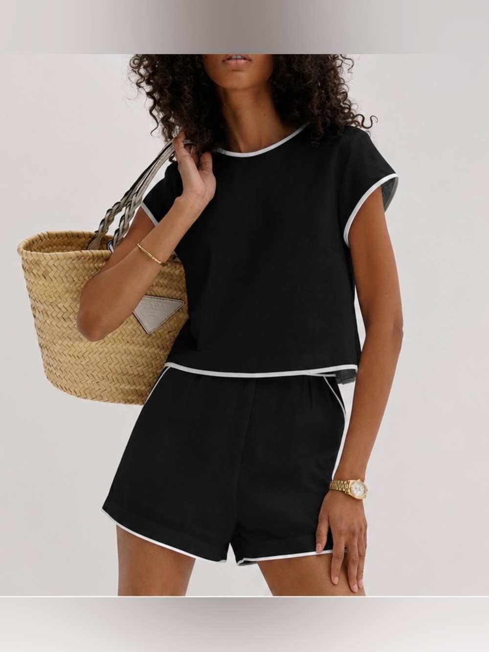 Black Pure Cotton Contrast-Trim Shorts Set